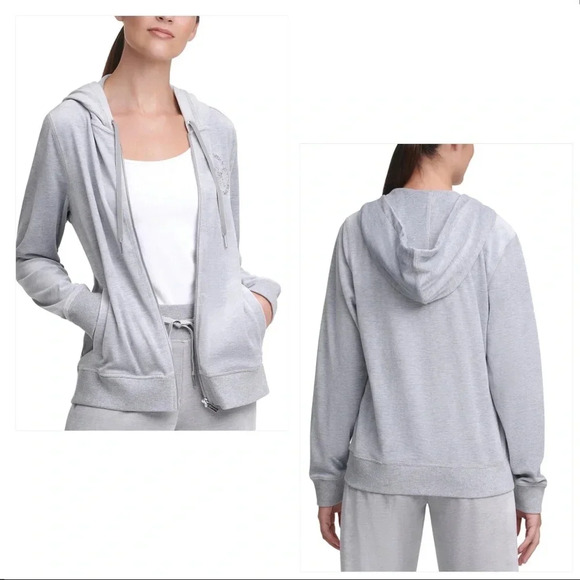 CALVIN KLEIN NWT Heather Granite Grey Velour Logo Zip Hoodie - Picture 3 of 13